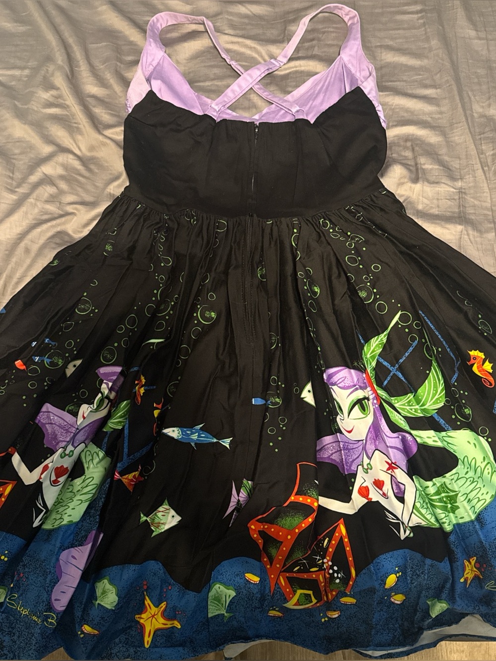 Pinup Couture Black and Lilac Strap Dress with Green Stitching - Picture 3 of 5